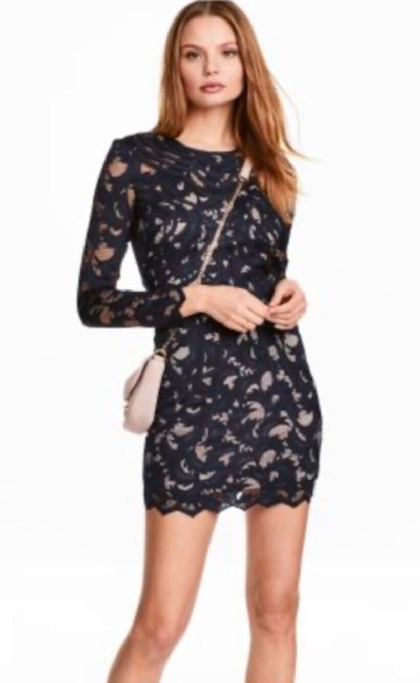 H & M GOLD LABEL-Bare back Bodycon Mini Lace Dress Nude lining size 2 GlamLook